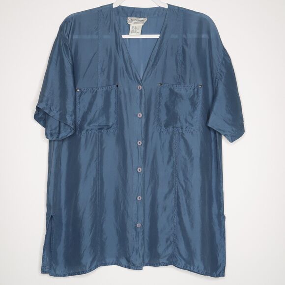 Silk Exchange Womens Button Up Blouse Size Large Blue 100% Silk Vintage - Picture 1 of 6